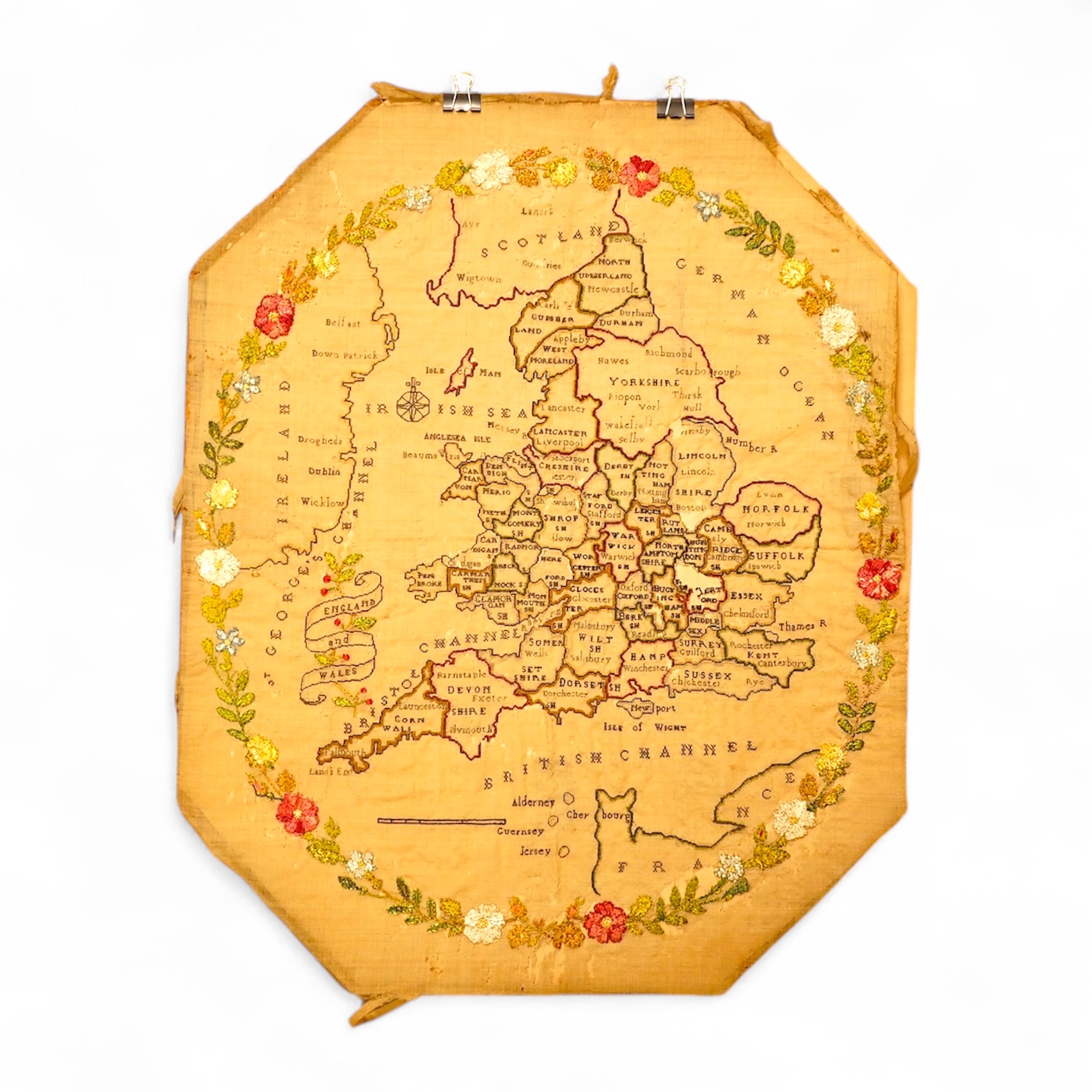 An 18th century embroidered map of England, unframed (distressed), 59cm high